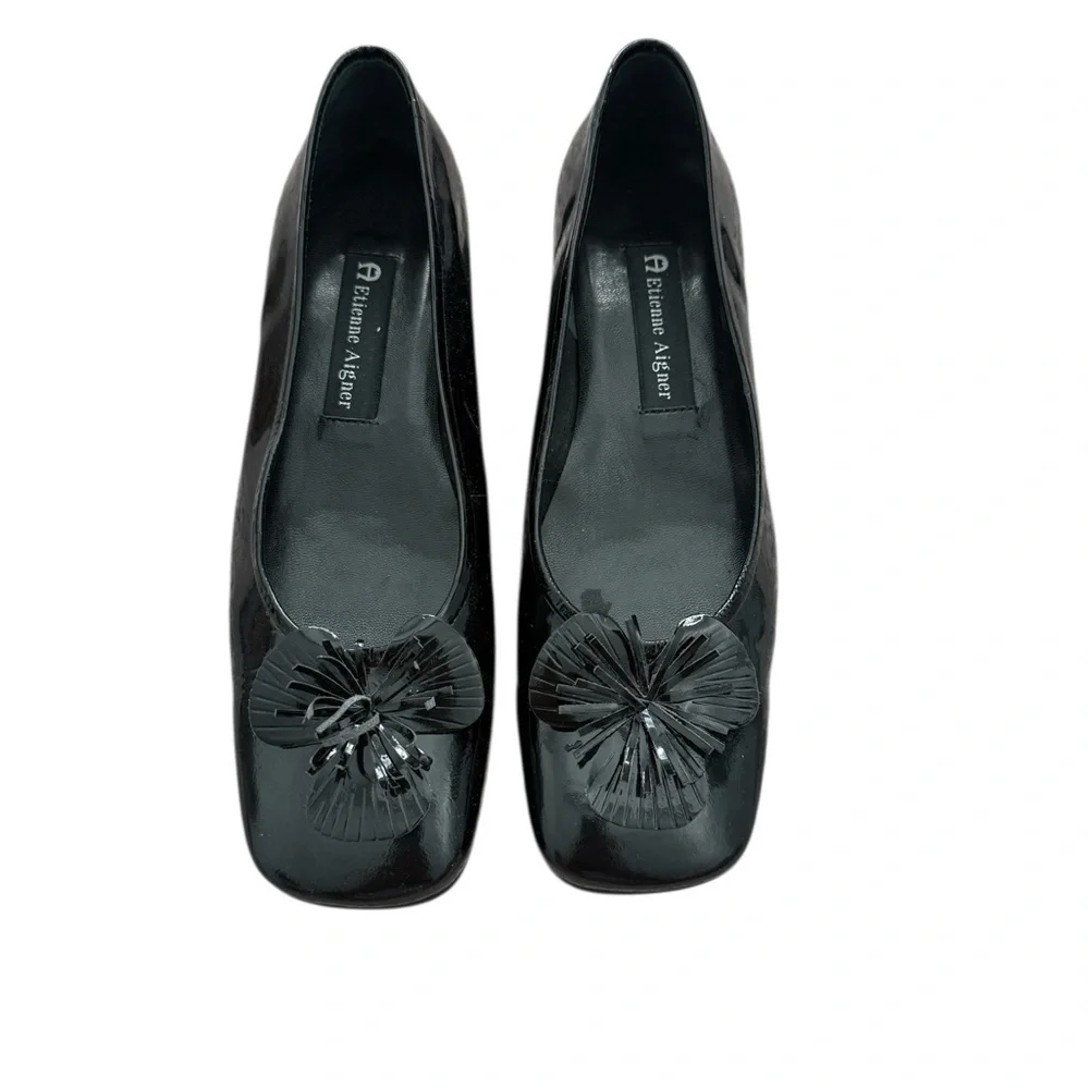 Etienne Aigner Gardener Black Flats with Floral Detail Size 7.5”
